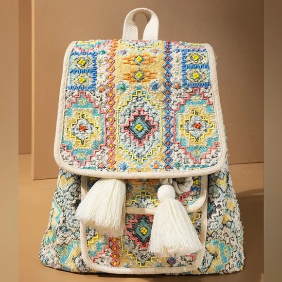 Boho Chic Backpack - Ethnic Inspired Pattern - Hand Beaded Accents - Fine Cotton - Picture 2 of 16